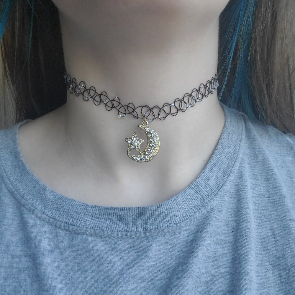 Henna Tattoo choker necklace with gold rhinestone moon and star